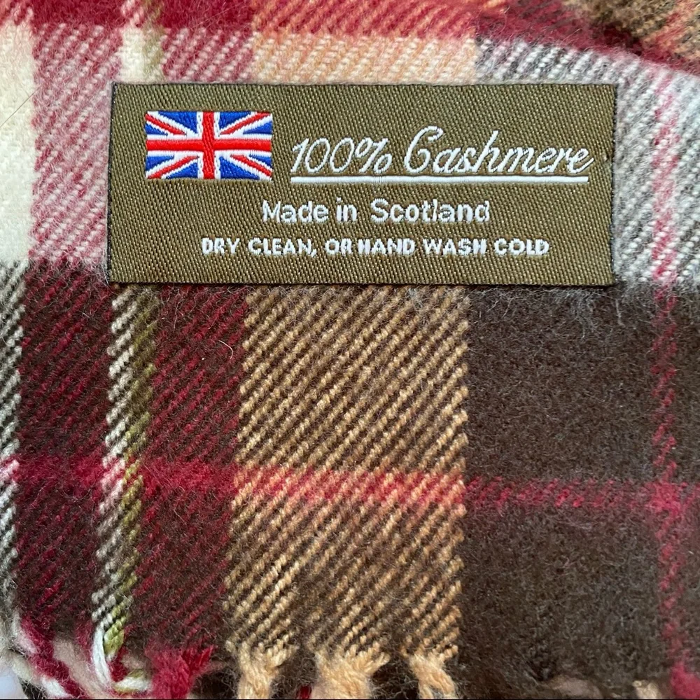 SCARF SCOTLAND CASHMERE BROWN RED TAN CREAM PLAID FRINGE LONG RECTANGLE - Picture 7 of 9